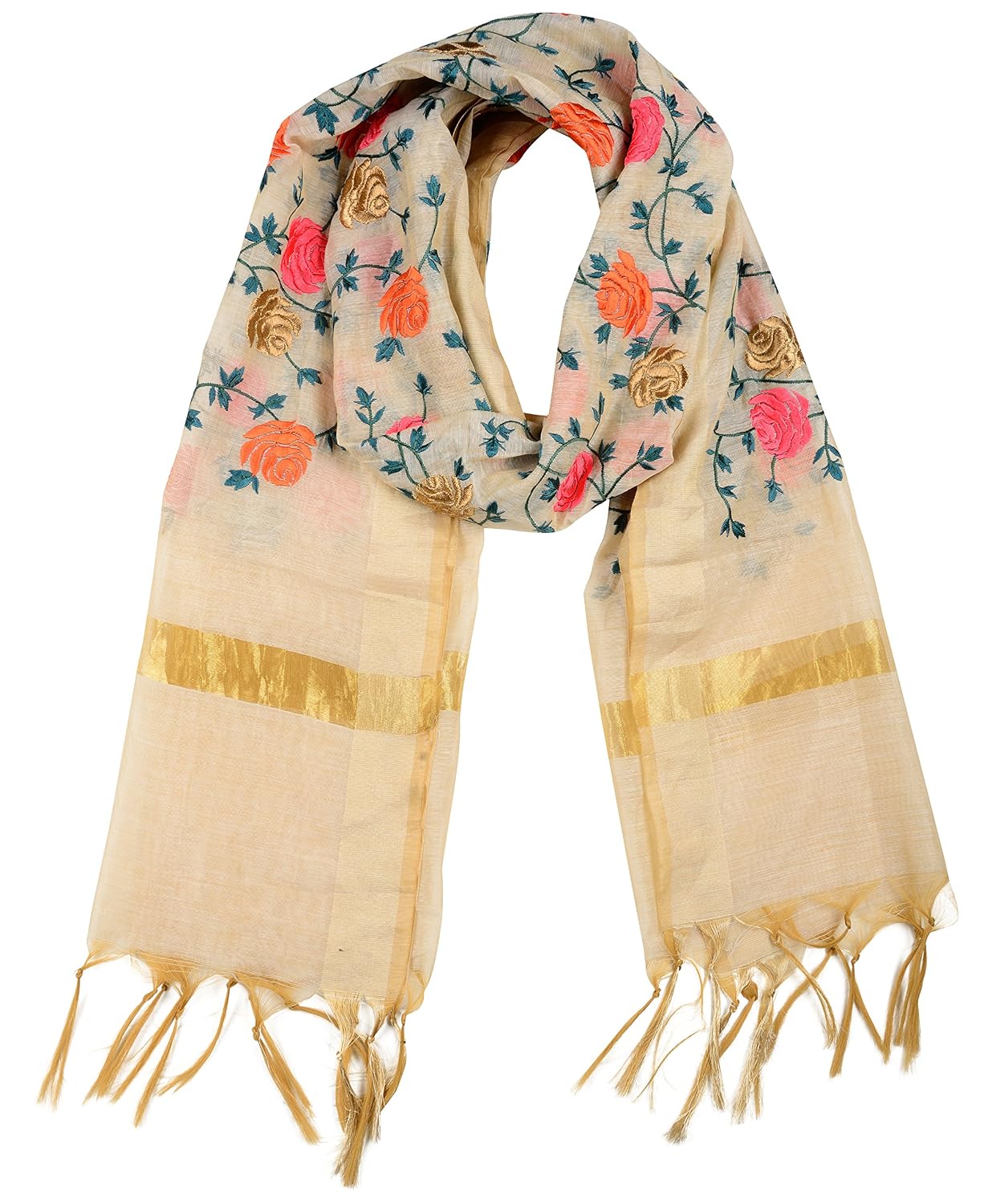 fabric and lace thread and zari work floral design chanderi silk kasab border with tassels dupatta,stoles