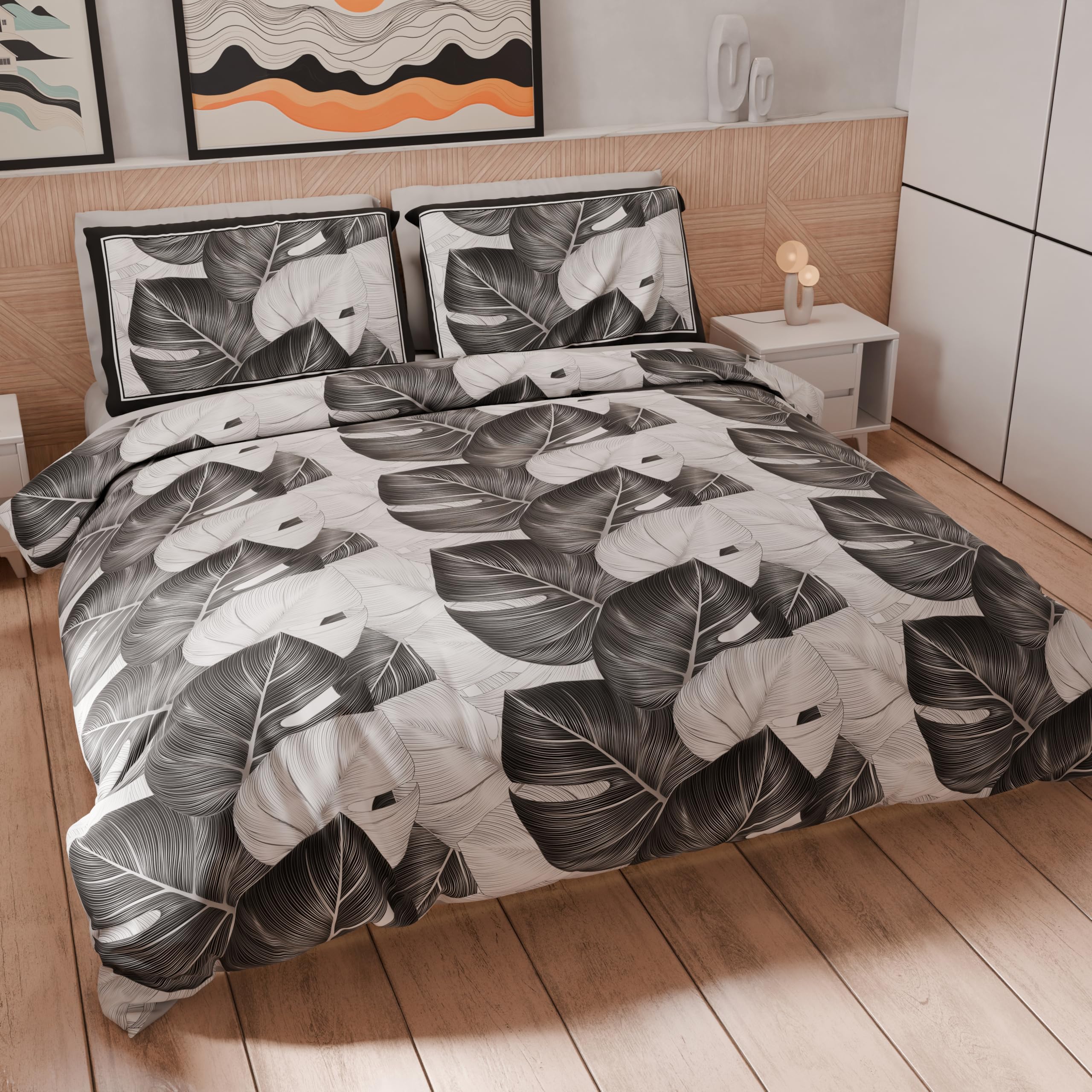 PETTI Artigiani Italiani - Double Duvet Cover 250 x 200 cm, Microfibre Duvet Cover with Digital Print + 2 Pillowcases 50 x 80 cm - Made in Italy - Tropical Black A