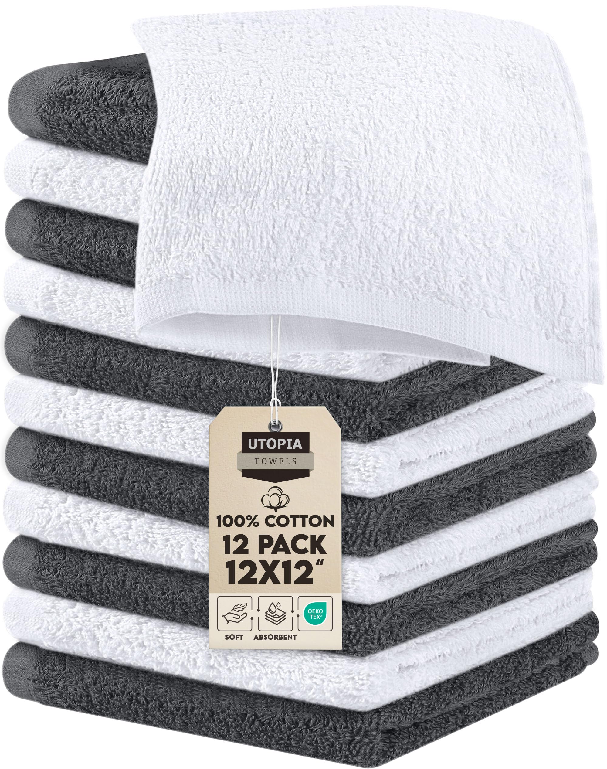 Utopia Towels Cotton Washcloths Set - Pack of 24-100 Percent Ring Spun Cotton, Premium Quality Flannel Face Cloths, Highly Absorbent and Soft Feel Fingertip Towels (12 Pack, Grey, White) (UT0941)