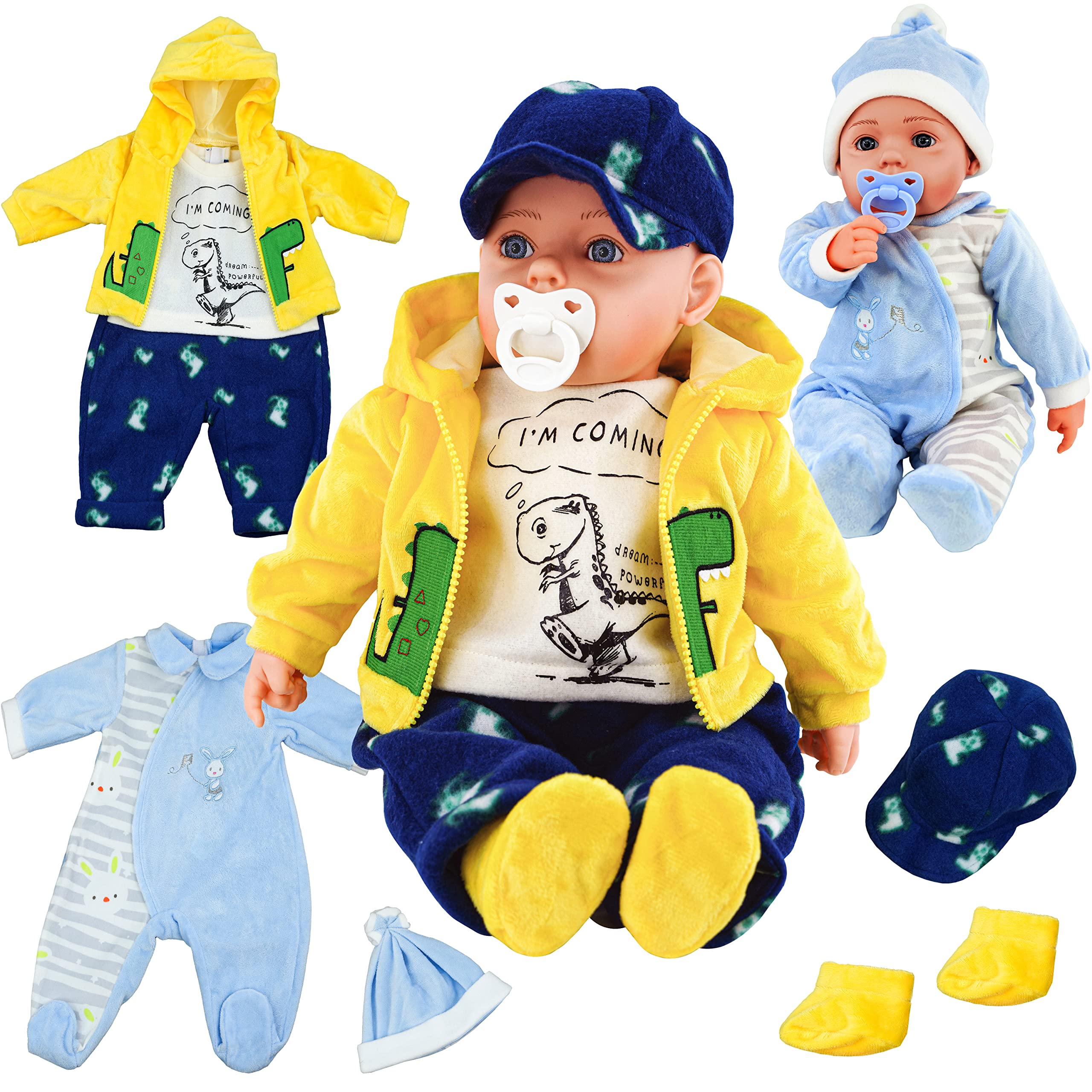 BiBi Doll Baby Boy Doll & Reborn Clothes Set, 20" (50cm) - Pack of 2 Outfits Including Dinosaur Jacket & Blue Bunny Jumpsuit - Role Play Toys & Accessories for Girls & Boys, 18 Months+