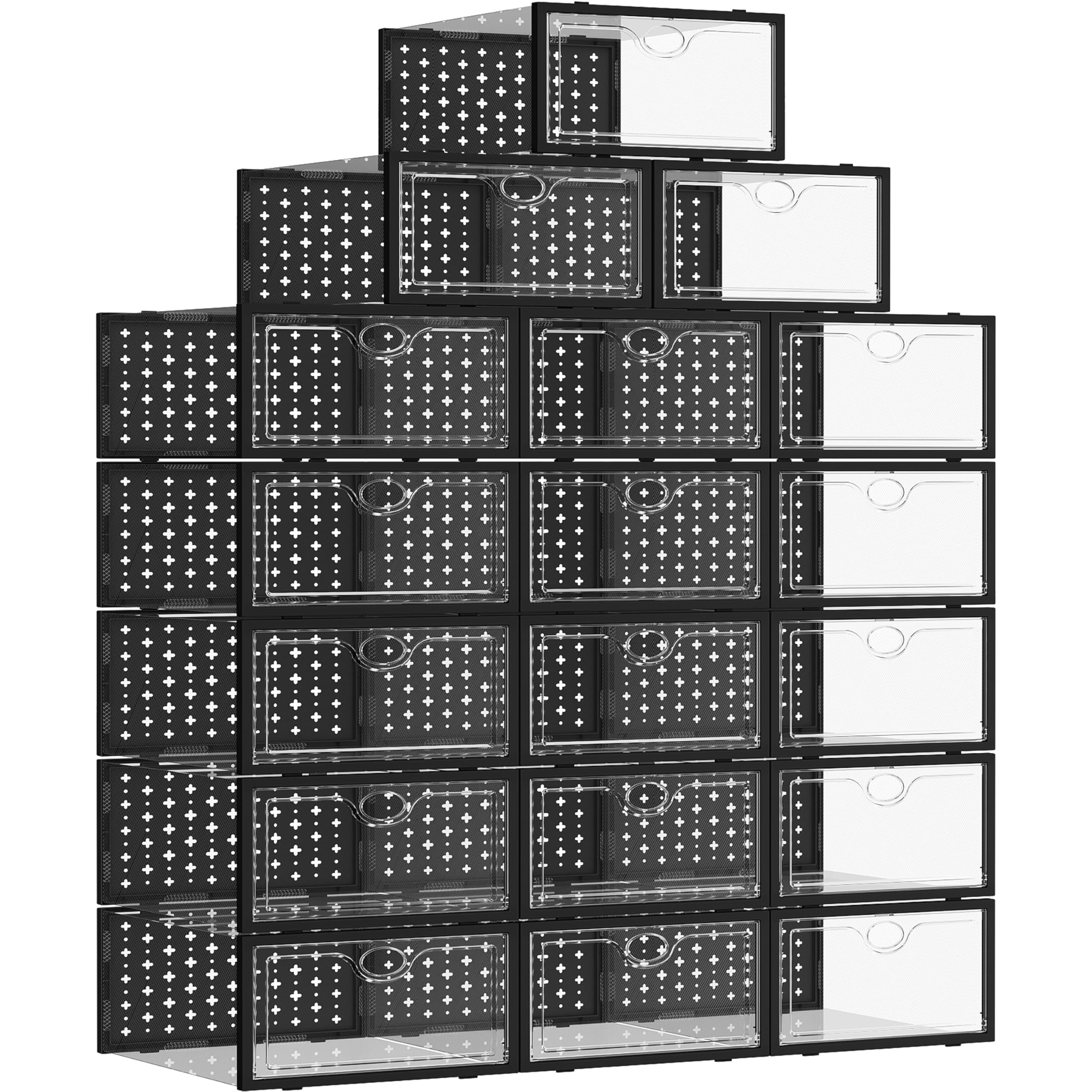Pinkpum 18 Pack XX-Large Shoe Storage Boxes, Shoe Organizer for Closet Clear Plastic Stackable Shoe Dispaly Case Bins Holder, Sneaker Storage for Sneakerheads Black