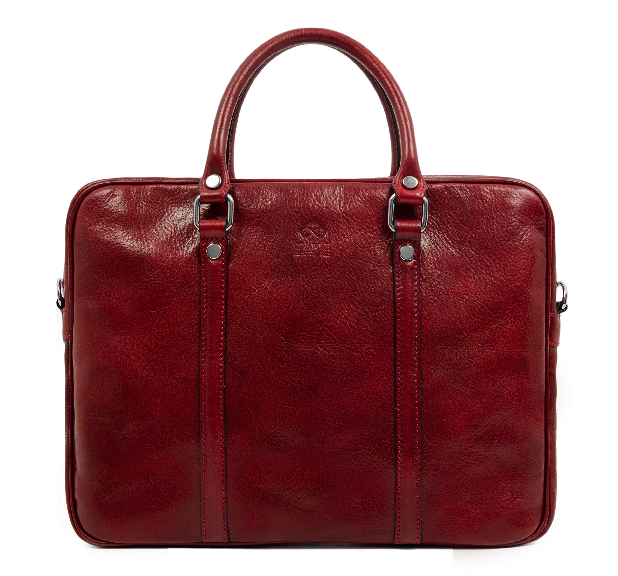 Time Resistance Leather Briefcase Bag - Slim Full Grain Leather Laptop Bag - Messenger Bag (Red)