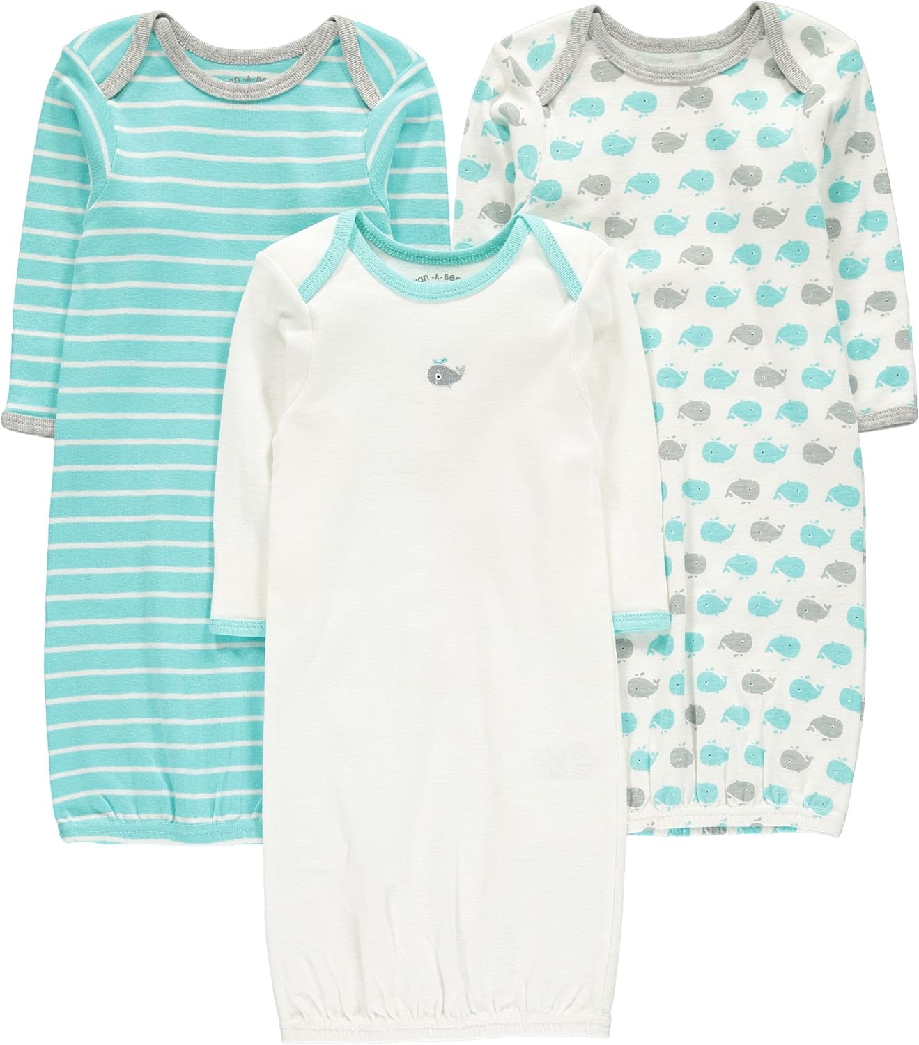 Wan-A-Beez Baby 3 Pack Printed Gown - Turquoise Whale, 0-6 Months: Clothing