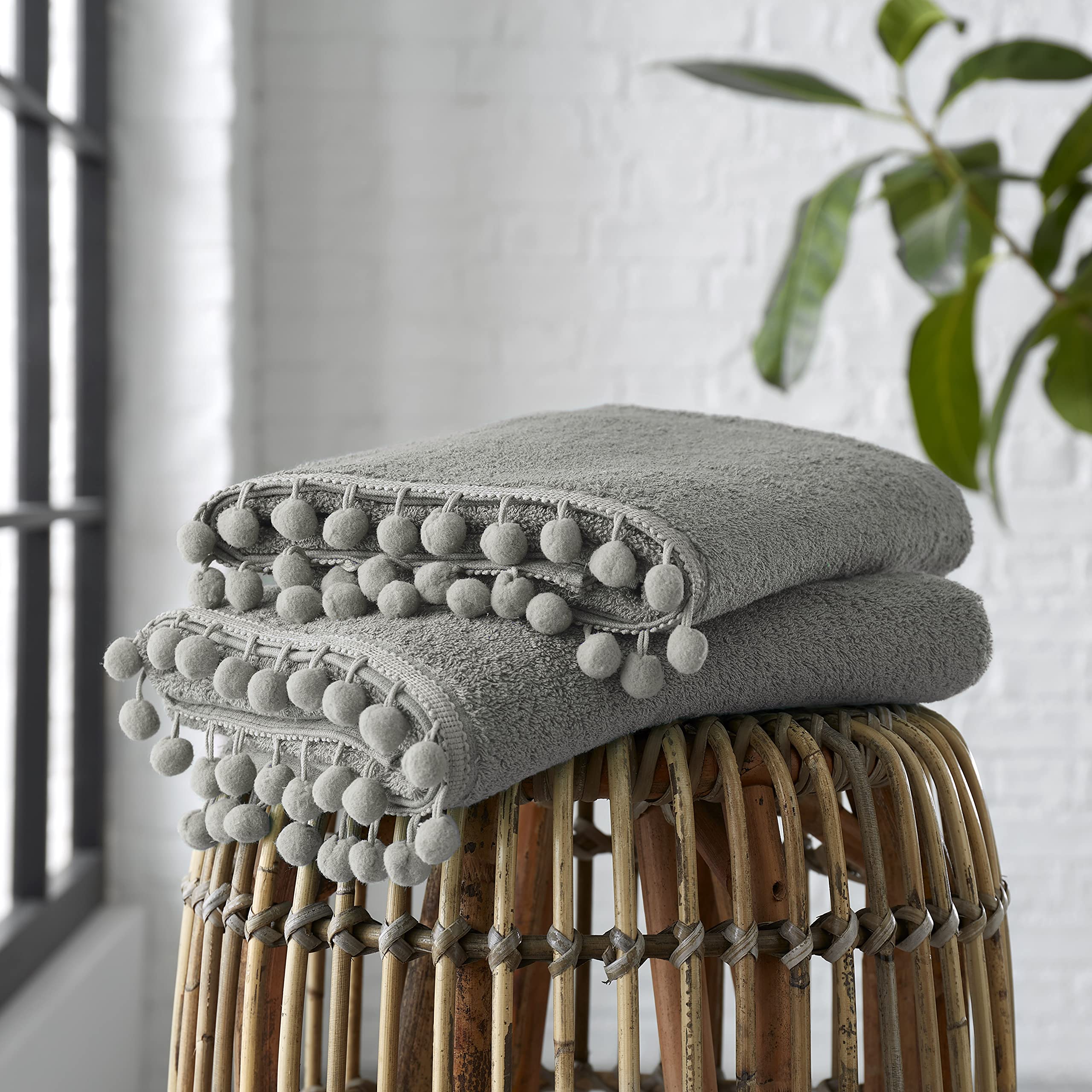 GC GAVENO CAVAILIA Luxury 2PK Pom Pure Cotton 550 GSM Hand Ultra Soft Super Absorbent Sheets, Egyptian, Grey, Pack of 2 Bath Towel