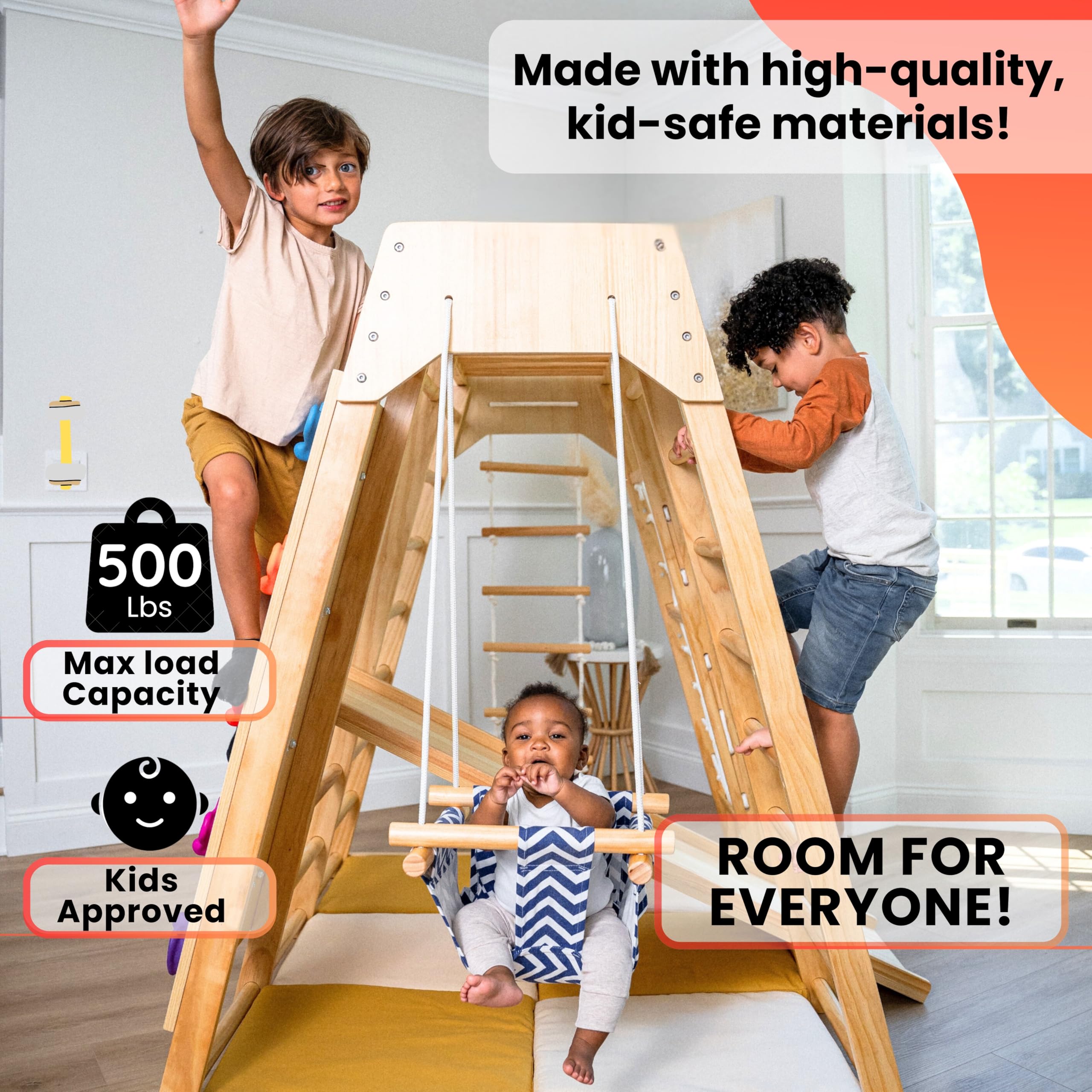 Avenlur Indoor Playground Jungle Gym – Magnolia 6-in-1 Montessori Wooden Indoor Playground for Kids & Toddlers Ages 2-6 – Waldorf Toys, Rope Ladder, Indoor Swing, Baby Slide, Rock Climbing Wall, More
