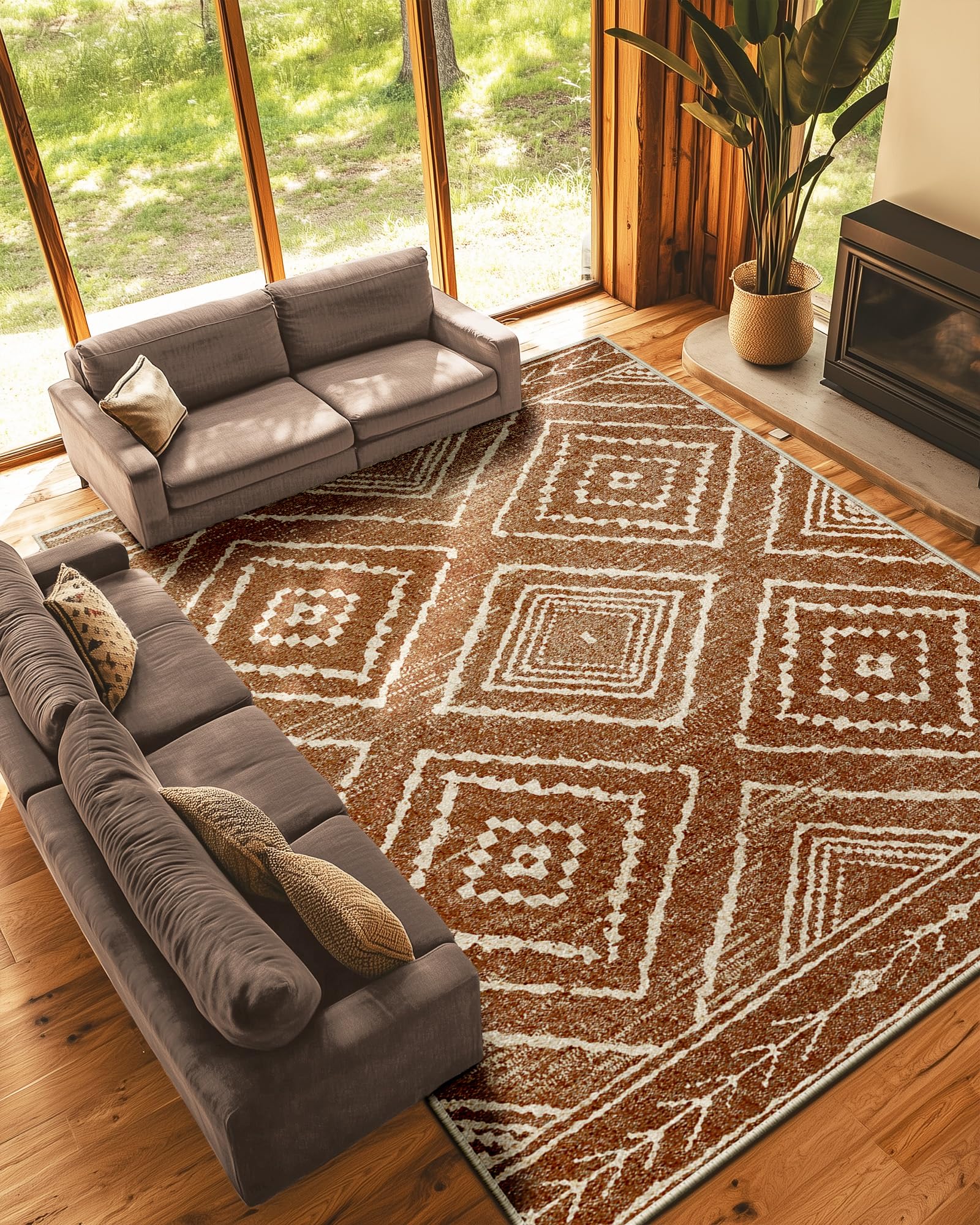 Photo 1 of Area Rug 9x12 Rug Machine Washable Non-Slip Low Pile Print Pattern Western Rug for Living Room Bedroom Entryway Tribal Series -Yellowbrown/Cream