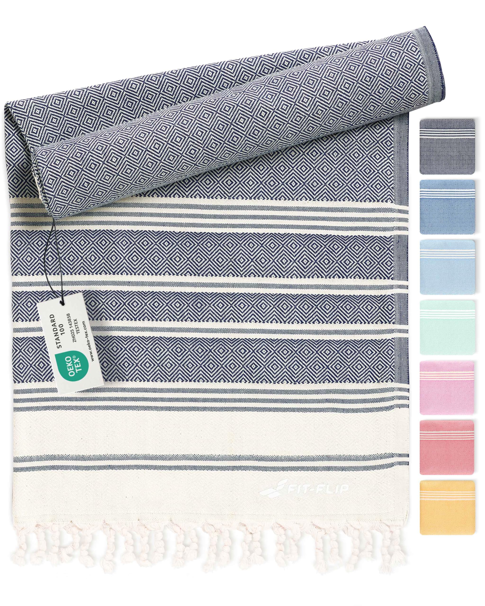 Fit-Flip Hammam Beach Towel XXL Made from 100% Cotton - Quick-Drying Turkish hamam Towels - Large fouta or pestemal Ideal as a Thin Sauna Blanket - Navy – 100x200cm Diamond