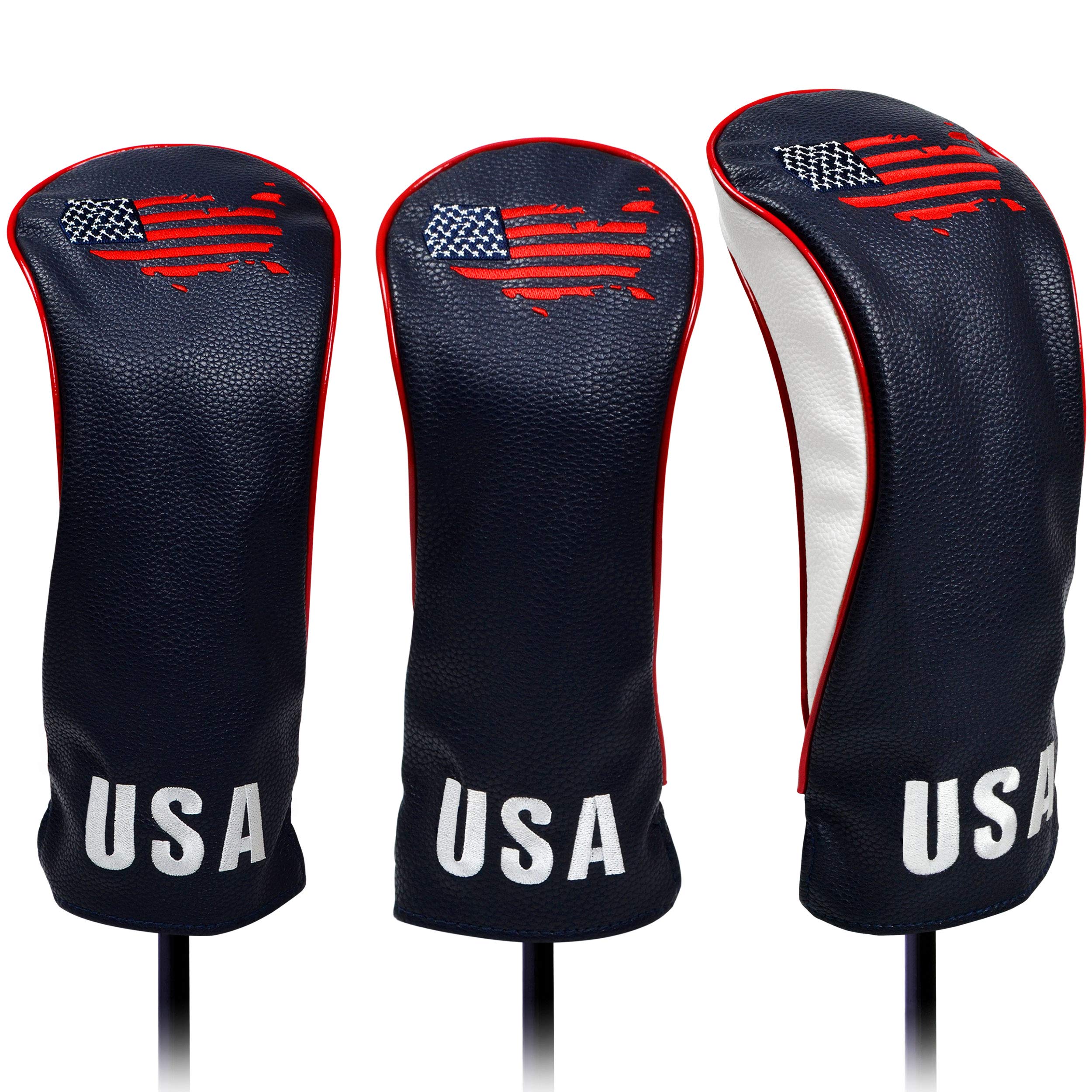 Photo 1 of USA Golf Head Covers for Driver & Fairway Woods (Set of 3) - Premium Leather Headcovers, Designed to Fit All Woods and Drivers (Navy)