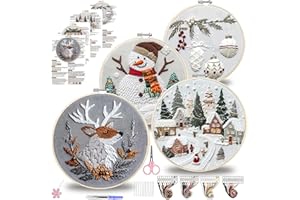 QBQBQ 4 Sets Christmas Embroidery Kit for Beginners, Embroidery Kits for Adults, Cross Stitch Kits for Beginners with Pattern, Needles, Threads, Bamboo Hoops, Tools