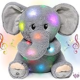Hopearl LED Musical Stuffed Elephant Lighting Up Singing Plush Toy Adjustable Volume Lullaby Animated Soothe Birthday Festival for Kids Toddler Girls, Gray, 11''