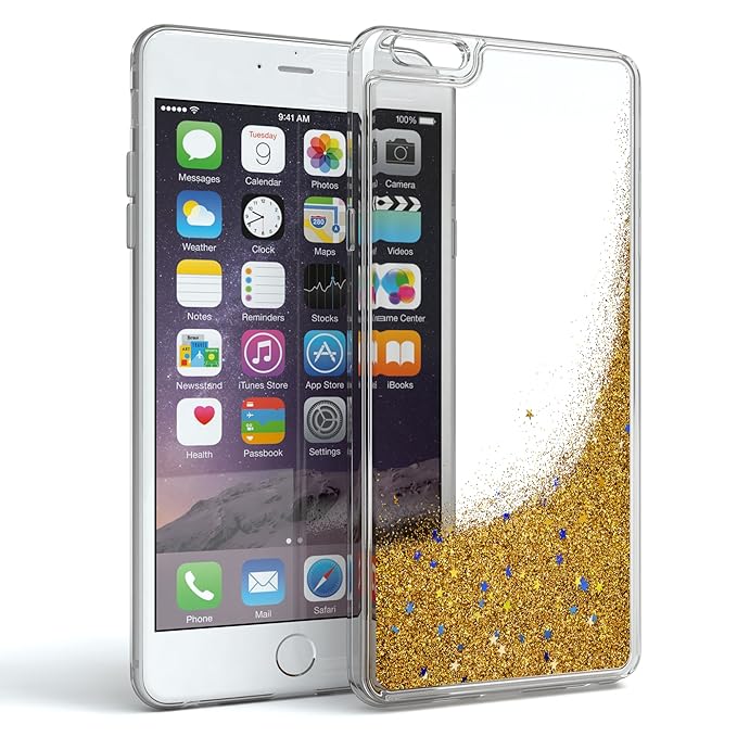 EAZY CASE Hülle für Apple iPhone 6 Plus / 6S Plus Schutzhülle mit Flüssig-Glitzer Handyhülle, Schutzhülle, Back Cover mit Glitter Flüssigkeit, aus TPU/Silikon, Transparent/Durchsichtig, Gold