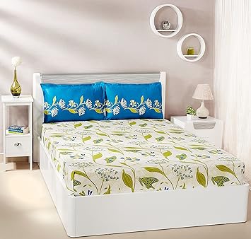 Amazon Brand - Solimo Lily Bloom 144 TC 100% Cotton Double Bedsheet with 2 Pillow Covers, Green