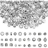 200PCS 1-5mm Hole Spacer Beads Tibetan Antique Silver Rondelle Spacers Bead, Assorted Styles Metal Filigree Loose Ball Bead Charms Kits for Bracelets Jewelry Making