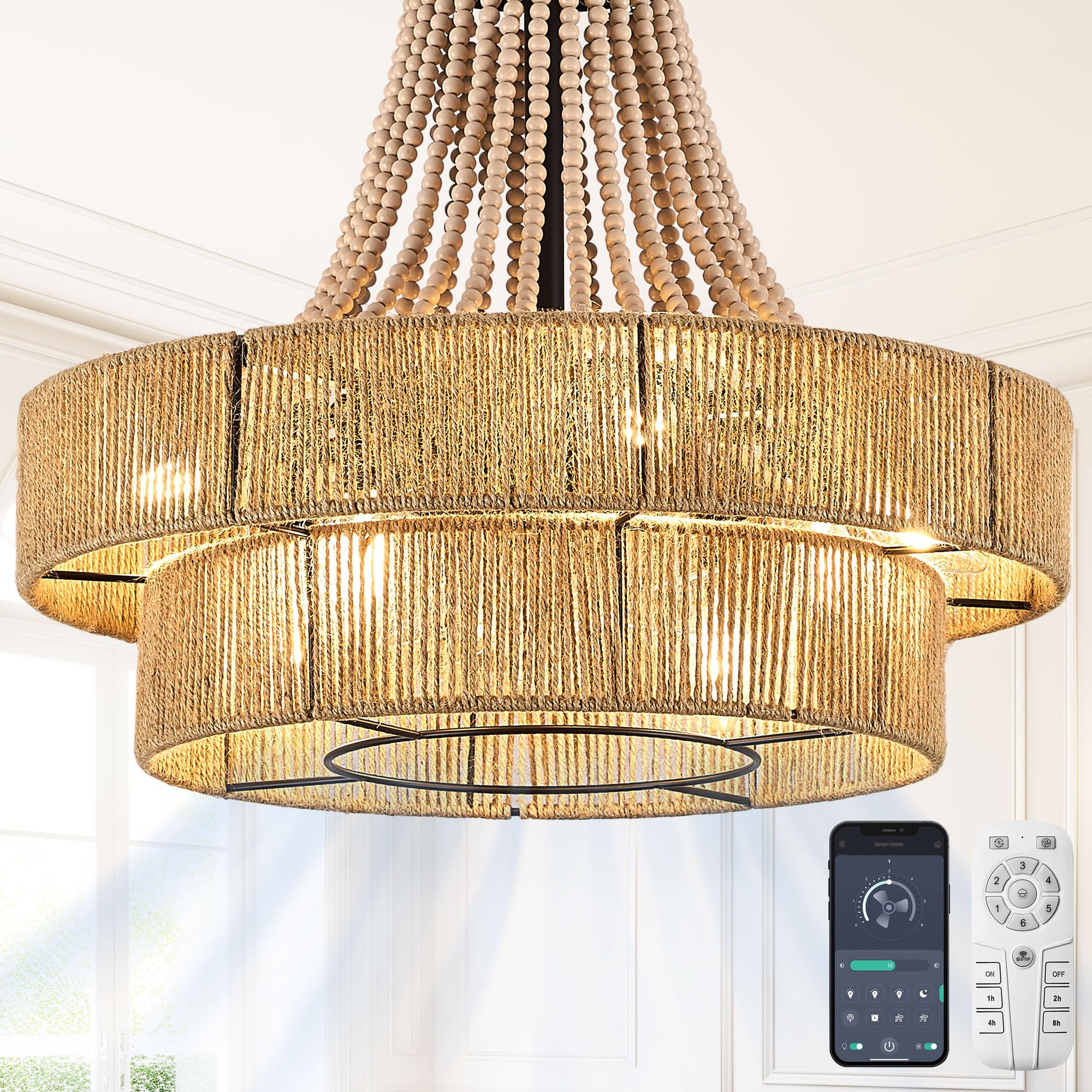 Photo 1 of HEMLDAN 20” Twine Caged Ceiling Fan Double Layer Coastal Boho Ratten Chandelier Fandelier for Dining Table, Bedroom, Living Room, Wood Beaded Hand-Woven, FCC Remote/APP Control (Twine, 20IN)