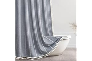 Awellife Rustic Farmhouse Linen Shower Curtain Blue Gray Primitive Country Cottage Bathroom Decor Hemstitched Striped Minimal Chic Texture Boho Tassel Bathroom Shower Curtain Set with Hooks, 72x72