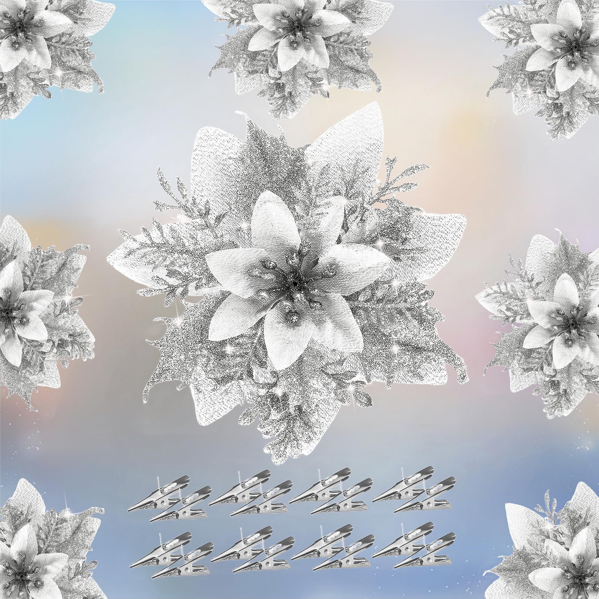 Photo 1 of Christmas Tree Decorations?Poinsettias Glitter Artificial Christmas Flowers , 16Pcs 5.5" Silver Poinsettia Flowers for Christmas Tree?Artificial Flowers Christmas Ornaments Xmas Glitter Flower