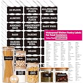 Hebayy 308 Pantry Food Labels, 280 Preprinted Flour Pasta Lentil Grain Condiment Oil Stickers, 28 Blank Ones, Waterproof Oil&amp;Tear Resistant, No Residue for Kitchen Containers Jars(White on Black)
