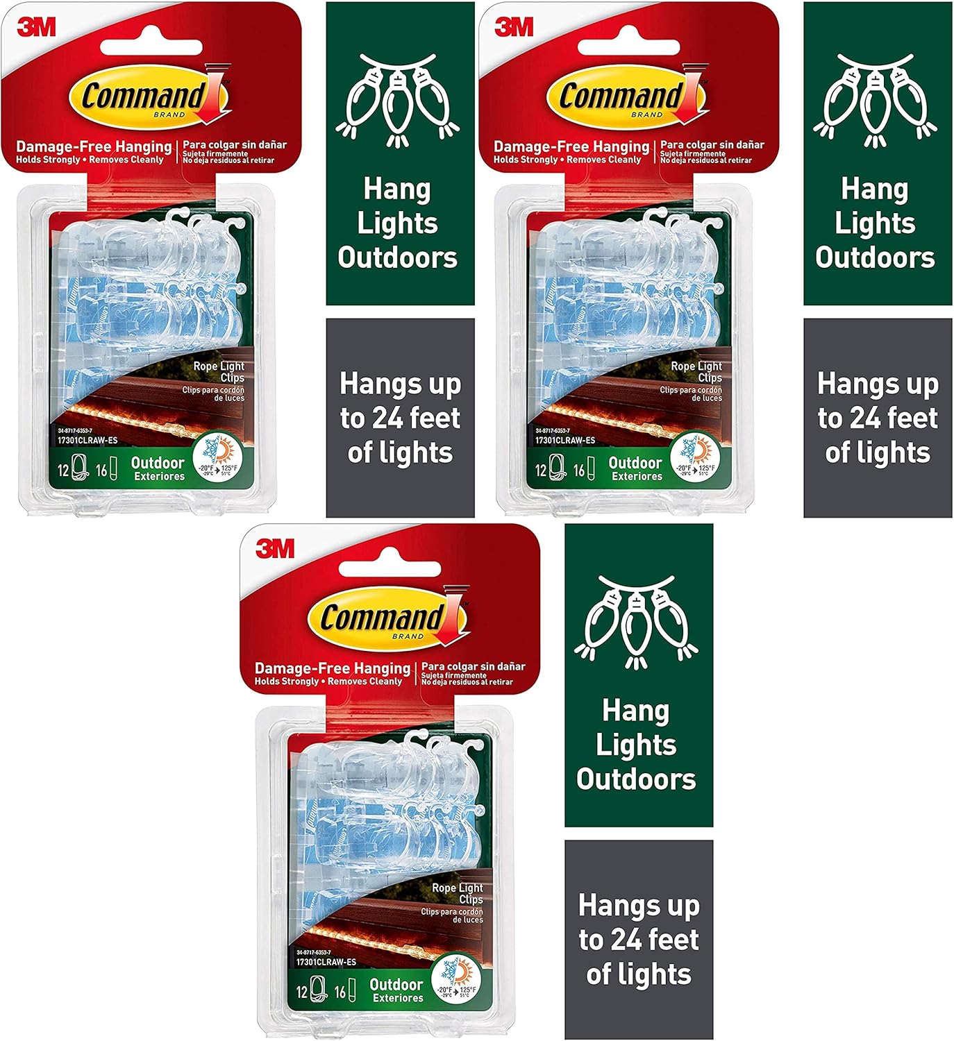 Command Outdoor Rope Light Clips with Foam Strips, Clear, 3