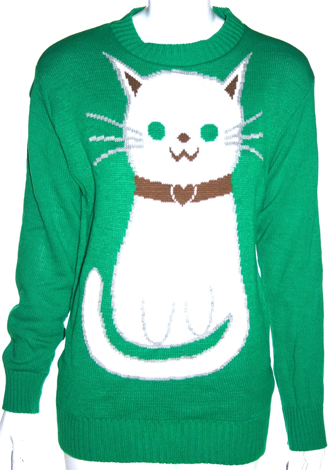 womens ladies cat print jumper size 8 14 (one size fits 814, green