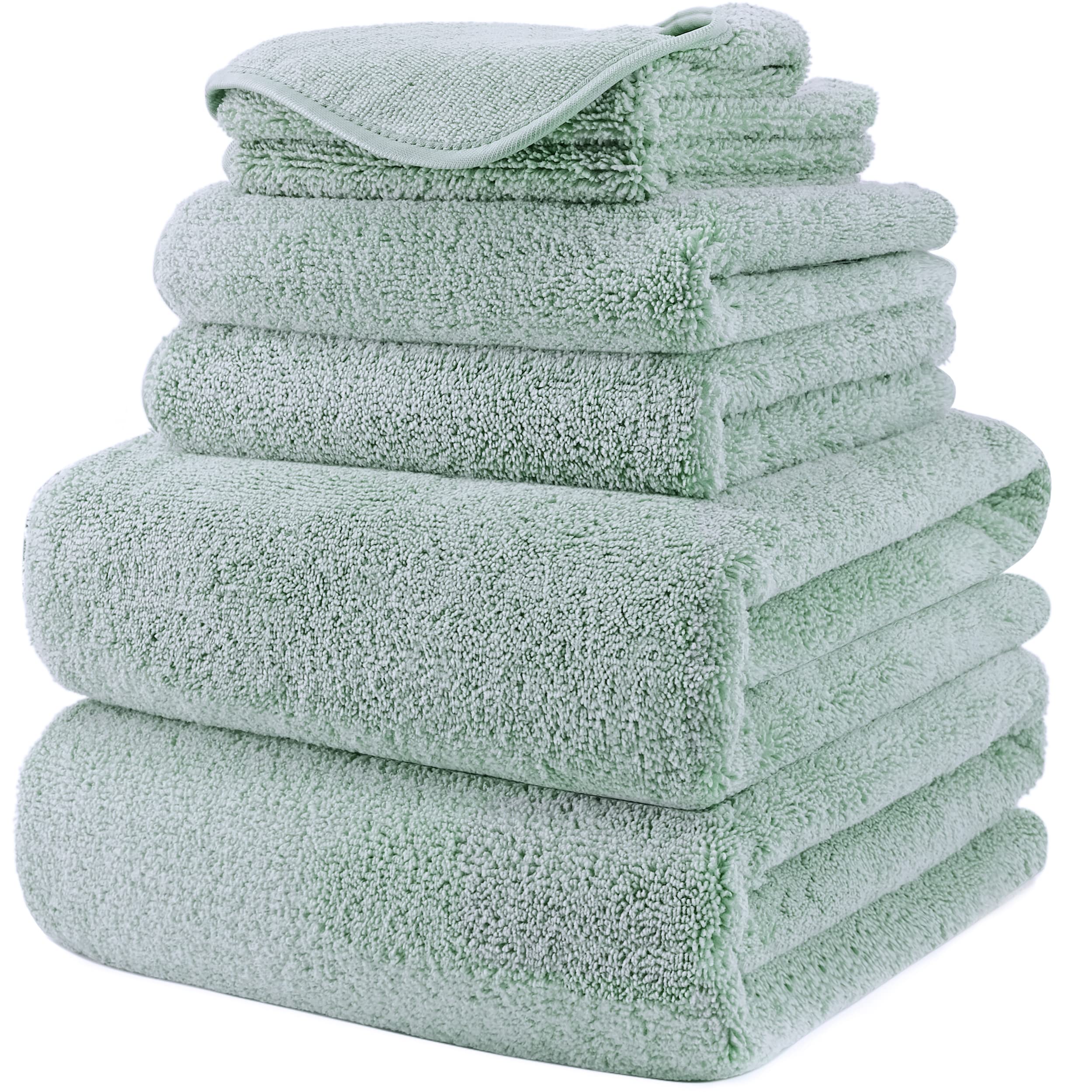 POLYTE Plush Quick Dry Lint Free Microfibre Bath Towel Set, 6 Pieces (Light Green)