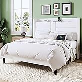 Allewie Queen Size Platform Bed Frame with Charging Station & Storage Headboard, Upholstered Velvet Wingback Design & USB Port, Strong Wooden Slats Support, No Box Spring Needed, Easy Assembly, White