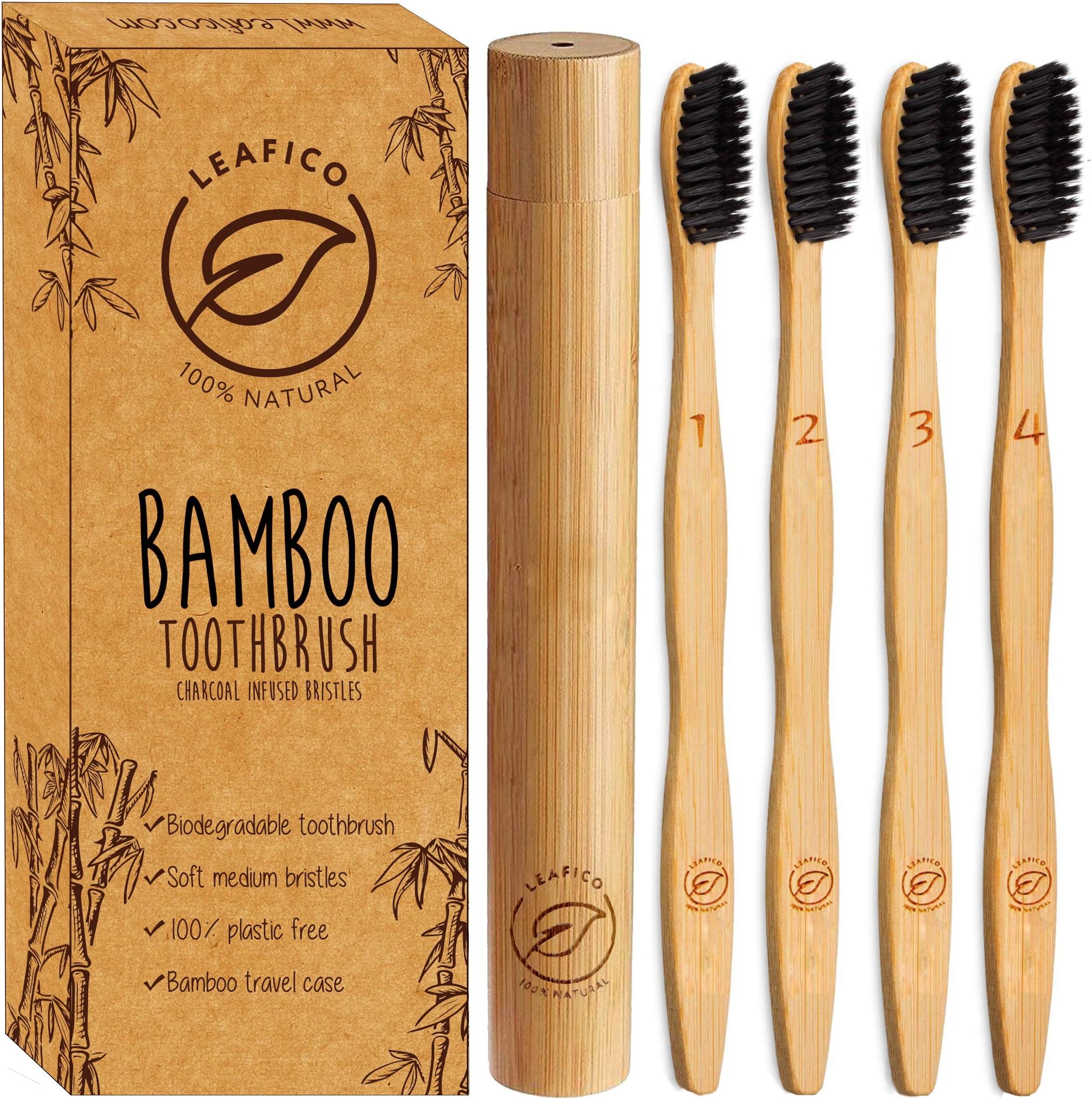 Bamboo Toothbrush with Travel Case - Biodegradable - Eco and Vegan, Charcoal Infused Soft Bristles for Natural Teeth Whitening - Recycled Paper Packaging, 4-Pack, Zero Waste Gift by Leafico