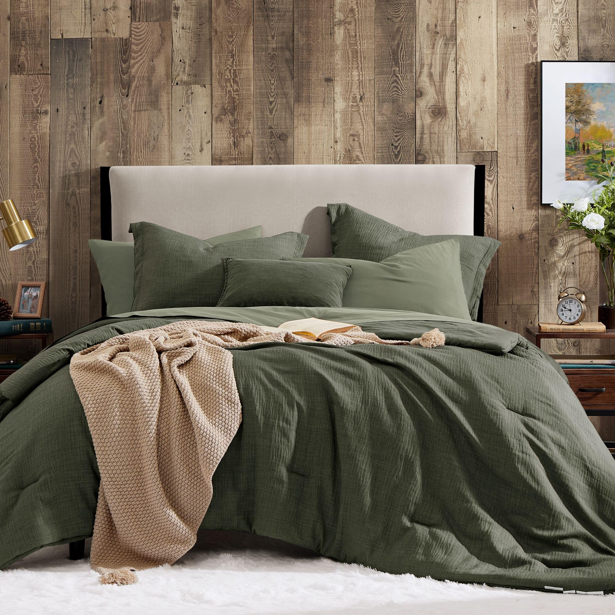 Photo 1 of Geniospin Dark Olive Green Queen Comforter Set - 7 Pieces Comforter Queen Size, Solid Bedding Set for All Season, Textured Bed in a Bag with Sheets