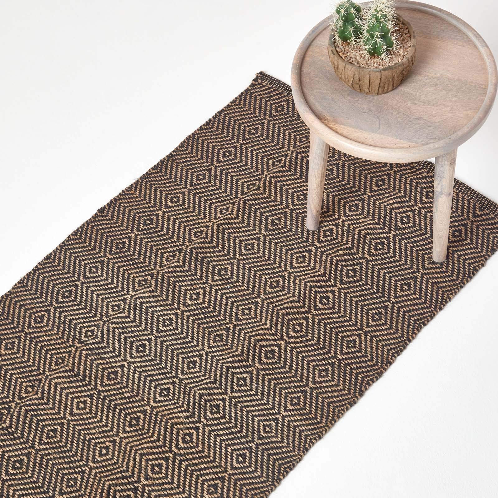 HOMESCAPES Moderna Jute Floor Runner Rug Black and Natural Diamond Geometric Aztec Design 66 x 200 cm Heavy Duty Suitable for Halls, Living Rooms or Conservatories