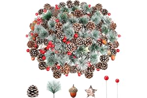 Riceshoot 432 Pcs Christmas Picks and Sprays Pine Cone Red Berries Set Christmas Wreath Making Decoration Artificial Pine Branches Acorns Wooden Stars for Xmas Supplies Party DIY Crafts