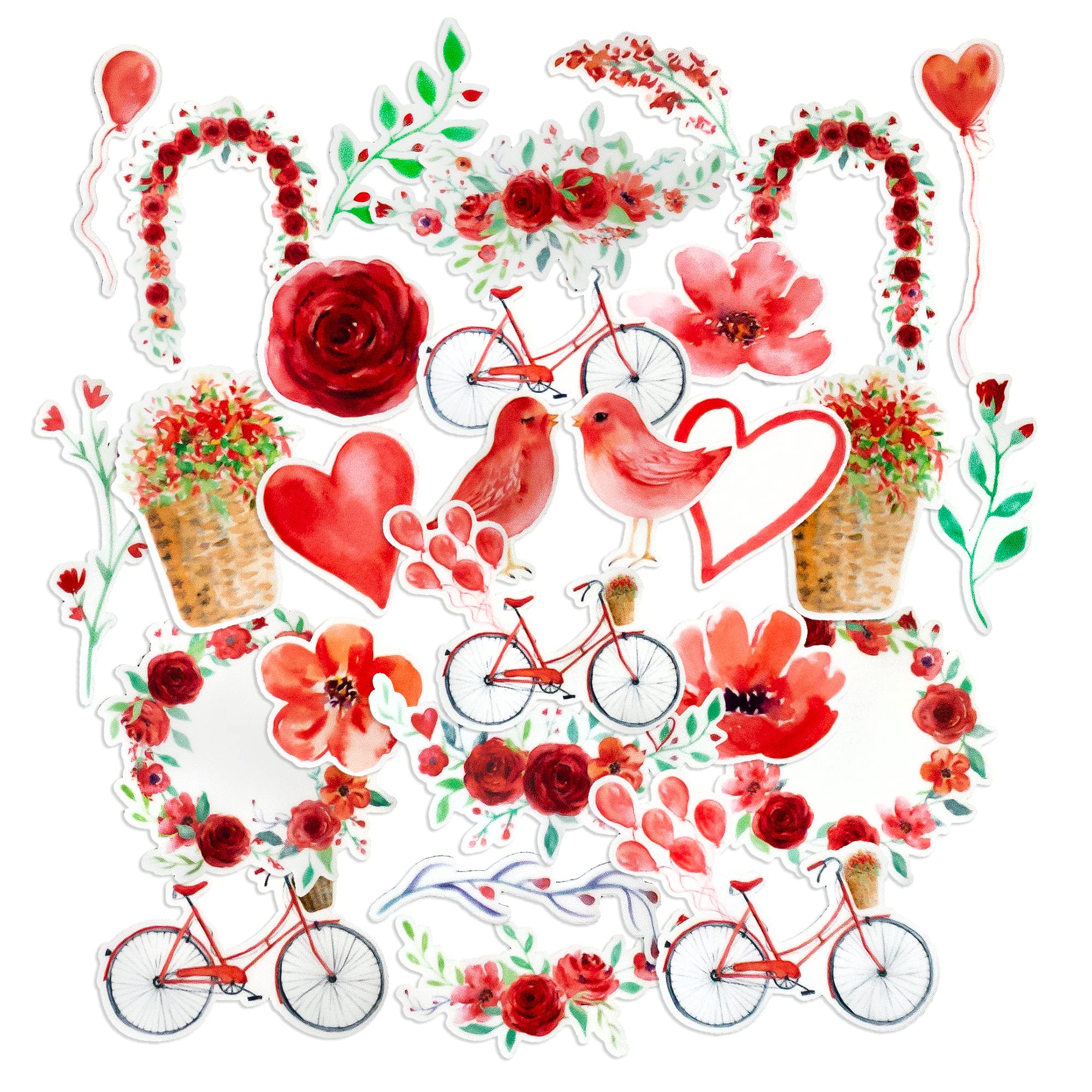 Navy Peony Red Heart and Rose Valentine Stickers | Waterproof Decals for Laptops | Stickers for Scrapbook and Journal (28pcs)