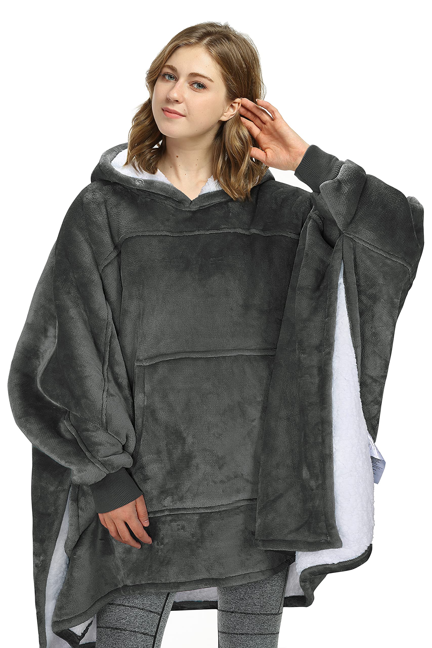 Poncho Wearable Blanket, Warm Presents For Women, Oversized Hoodie Blanket, Soft Comfortable Giant Hoody, Grey