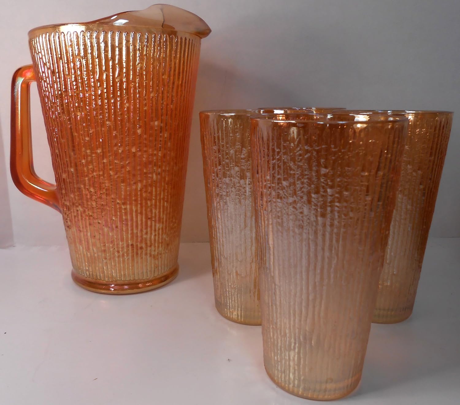 Amazon Com Vintage Carnival Glass Pitcher And 4 Tumblers Peach Flow Marigold Orange Tree Bark Design Tumblers Water Glasses vintage carnival glass pitcher