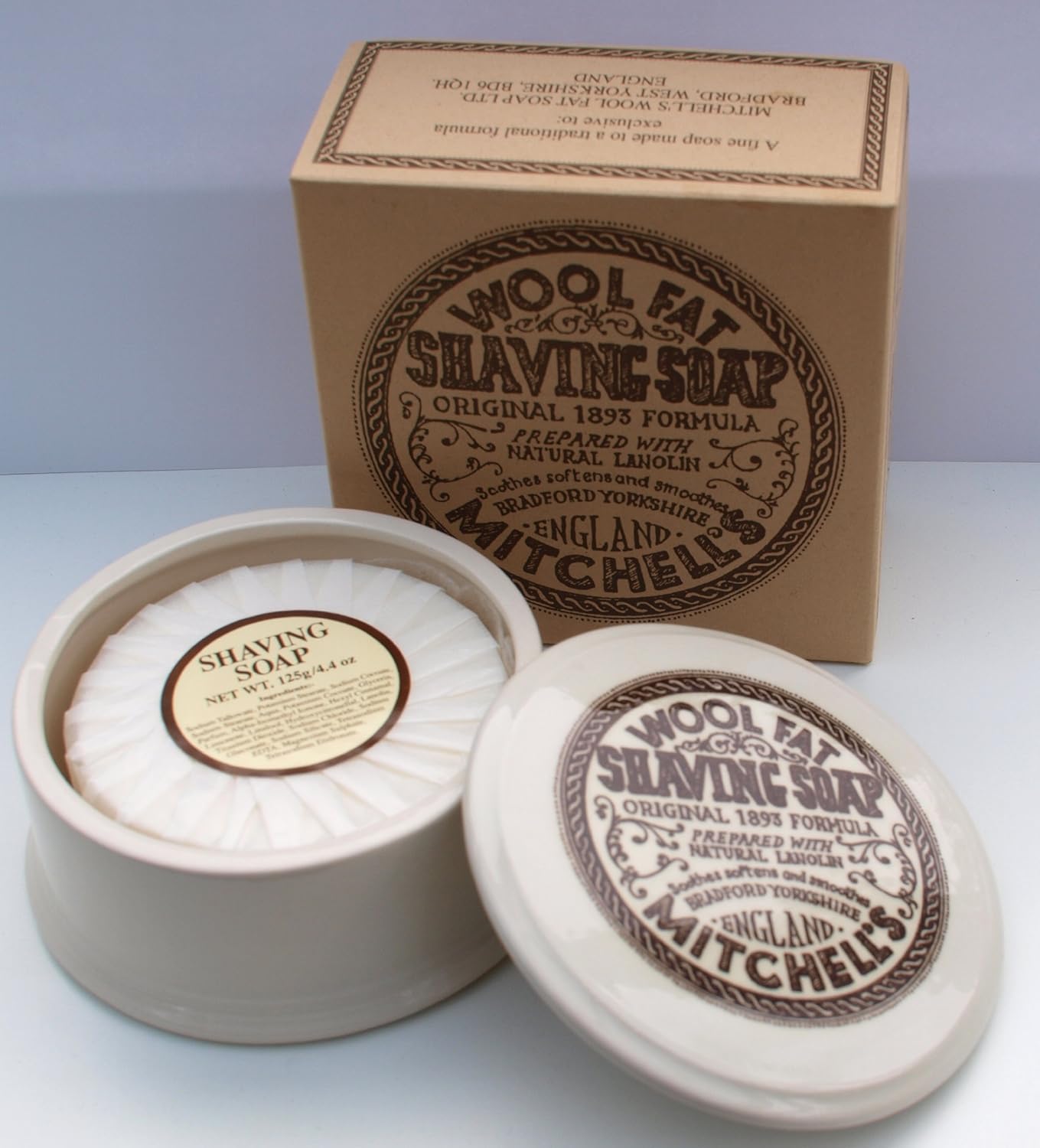 Mitchell's Wool Fat Lanolin Shaving Soap and Ceramic Dish Amazon.co.uk