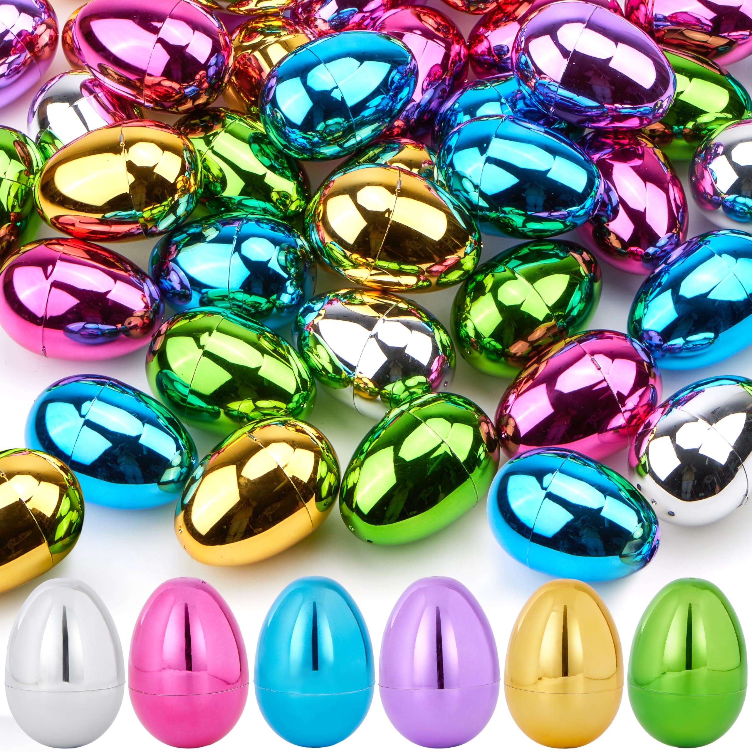 JOYIN 3.15" Metallic Easter Eggs, Shinny Plastic Eggs Colorful Bulks for Easter Hunt, Filling Treats, Easter Basket Stuffers, Classroom Prize Supplies, 48PCS