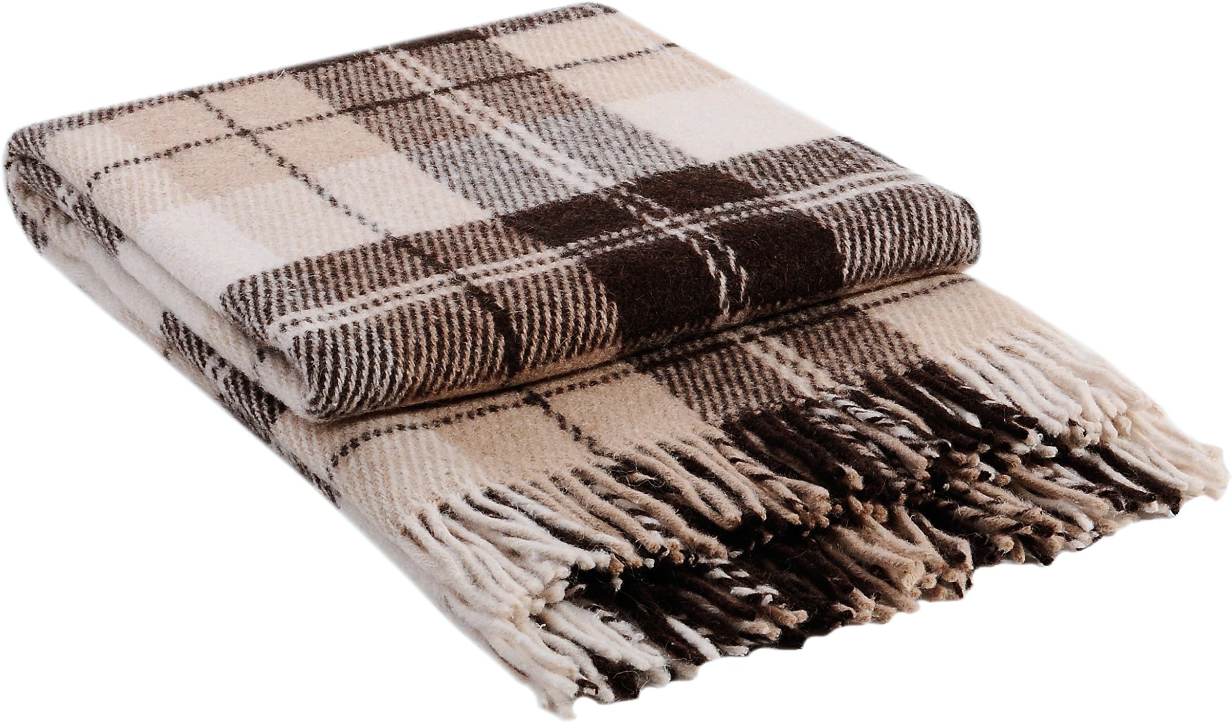 CG HOME Wool Plaid Blanket Throw Tartan with Fringe | Warm and Luxurious, Large, Soft, Thick | for Winter Comfort, Home & Exterior Decor | 55”x79” Twin Size Bed | 2.7 lbs | Brown