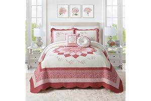 MODERN HEIRLOOM Caroline Embroidered Quilted Bedspread - Lightweight Breathable All Seasons Floral Bedding, Queen Size, Red