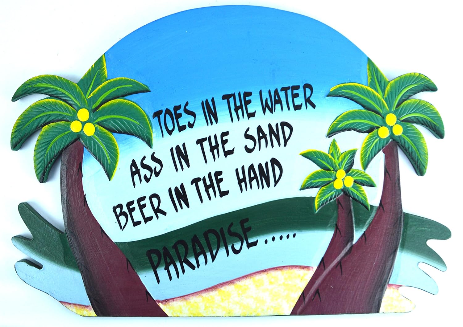 Blue Beach with PALM TREES Parrot Head Toes in the Water As in the Sand Tiki Bar Sign