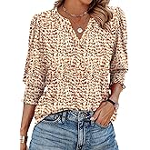 XIEERDUO Blouses for Women Dressy Casual 3/4 Length Sleeve Womens Tops V Neck T Shirts with Smocked Cuffs