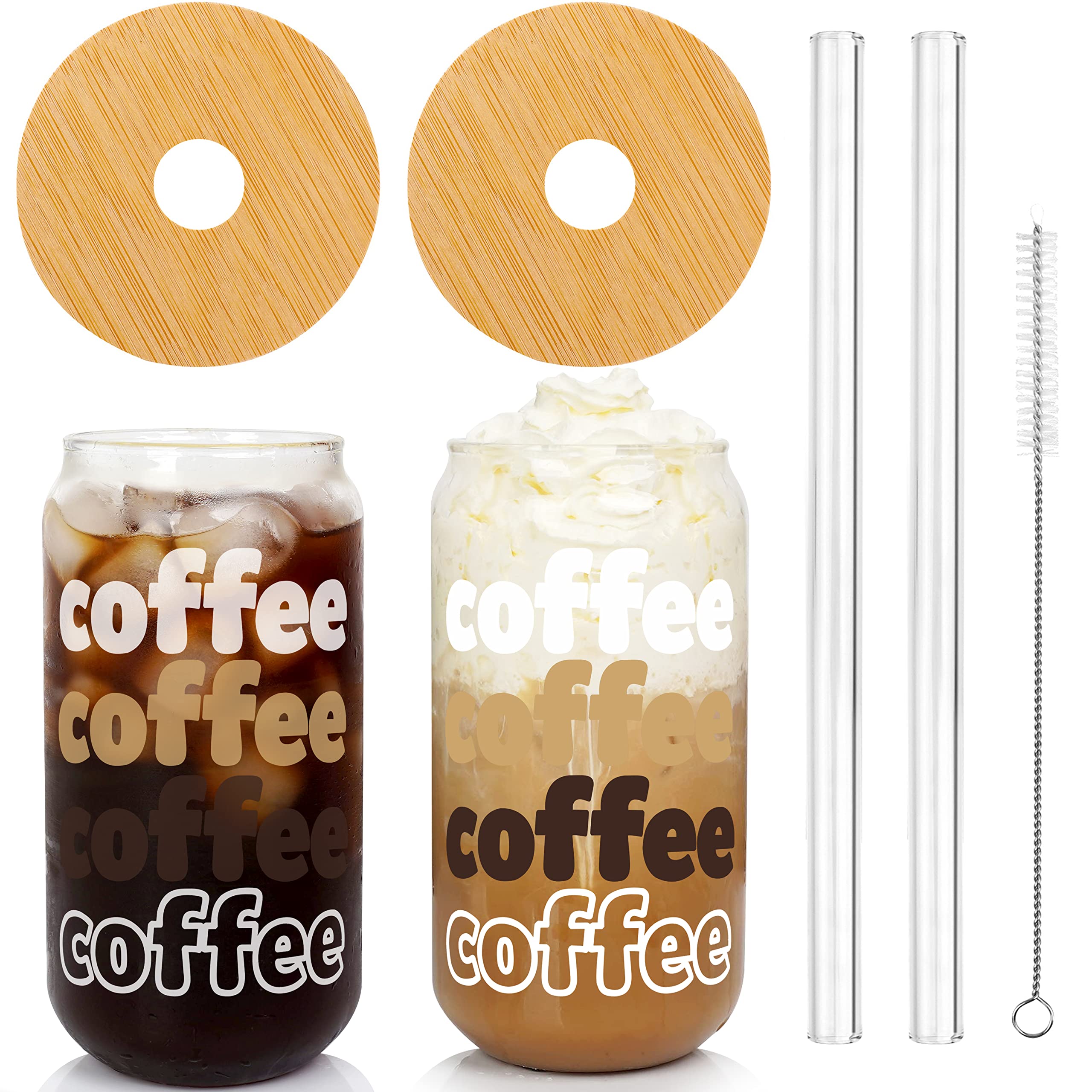 ANOTION Iced Coffee Cup with Lids and Straw, Beer Can Glass Bamboo Cover Straw 20 Oz/568ml Reusable Drinking Glasses Tumbler for Travel Office Home Ice Tea Margaritas Soft Drinks Juice, Brown