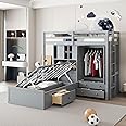 Merax Twin Bunk Bed with Drawers, Wardrobe, Storage Shelves and Hydraulic Bed,Grey