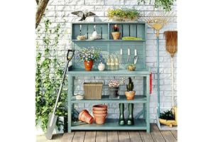 ACQCA 65" Large Outdoor Potting Bench Table,Wooden Patio Workstation with 4 Storage Shelves and Side Hook for Garden,Greenhouse,Backyard,Green