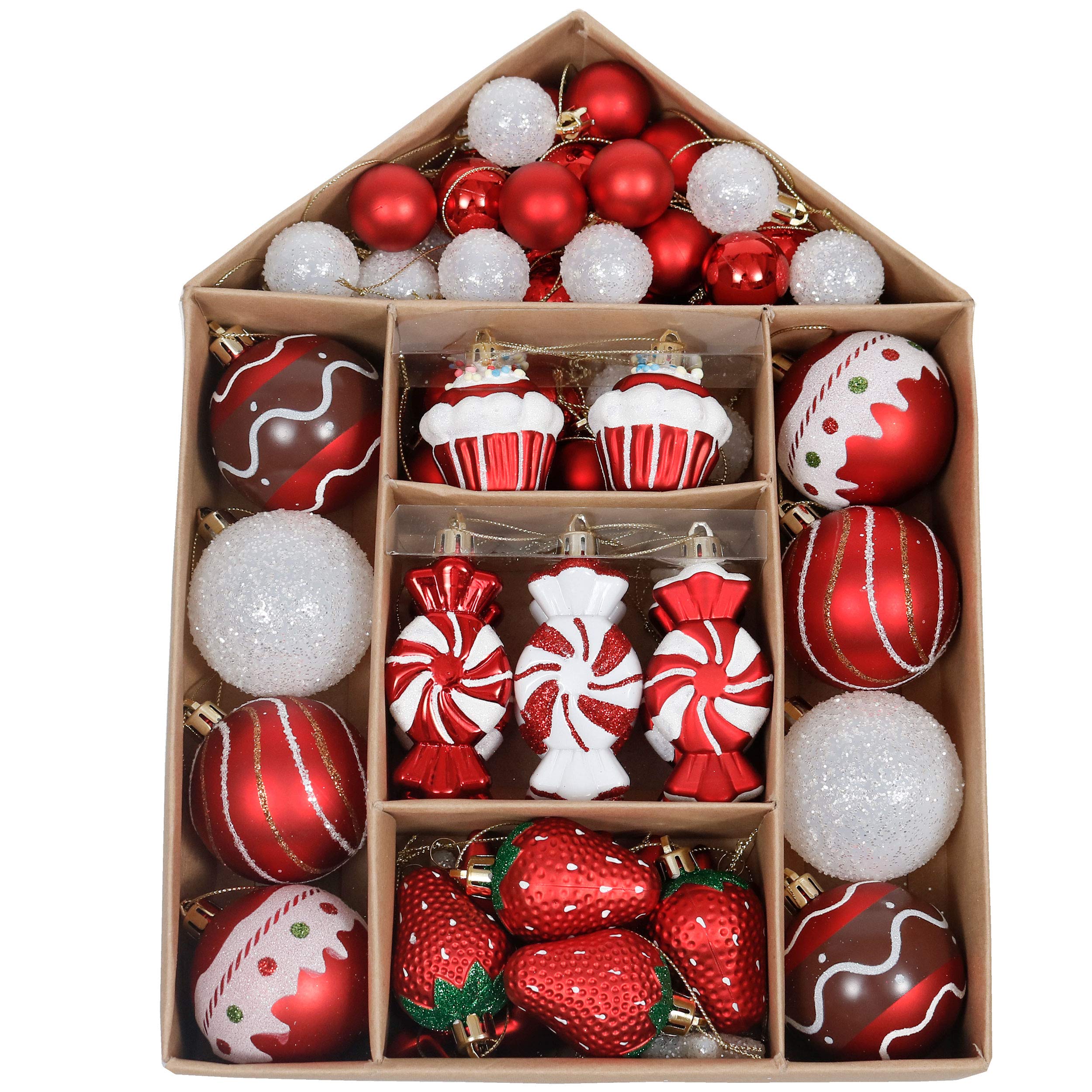 Valery Madelyn 70pcs 3-6cm Shatterproof Christmas Baubles Pack, Sweet Candy Red and White Christmas Ball Ornaments for Tree Decoration