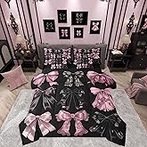 Erosebridal Black and Pink Bow Comforter Set with Sheets Twin Size Coquette Bows Bed in A Bag for Girls Boys Teens Watercolor Bow Bedding Sets Cute Lace Bowknot 7 Pieces Bed Set Bedroom Decor