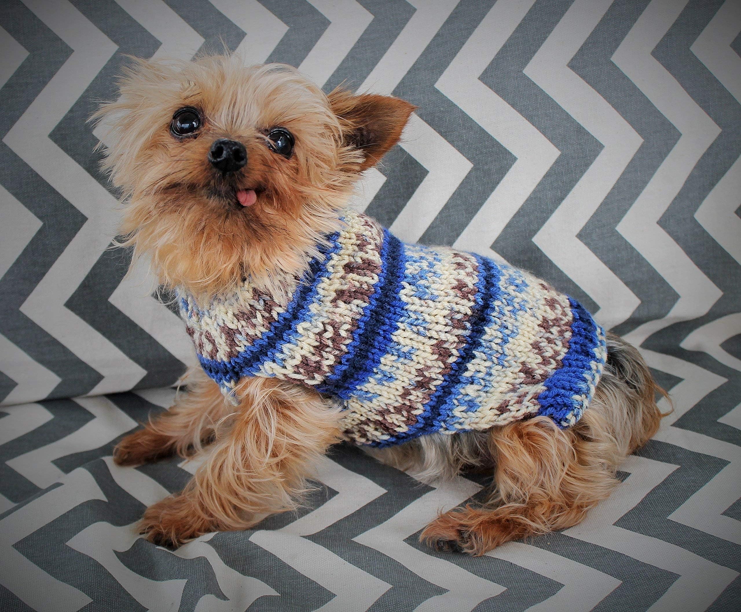 Dog Puppy Sweater XXS/XS 2 1/2 to under 4 Lbs Blue Fair Isle for Teacup Chihuahua Yorkie Pomeranian Maltese Toy Poodle