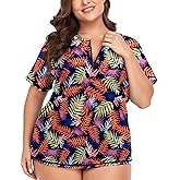COOTRY Womens Plus Size Rash Guard Short Sleeve Swim Shirt UPF 50+ Sun Protection Zip Swimsuit Tops