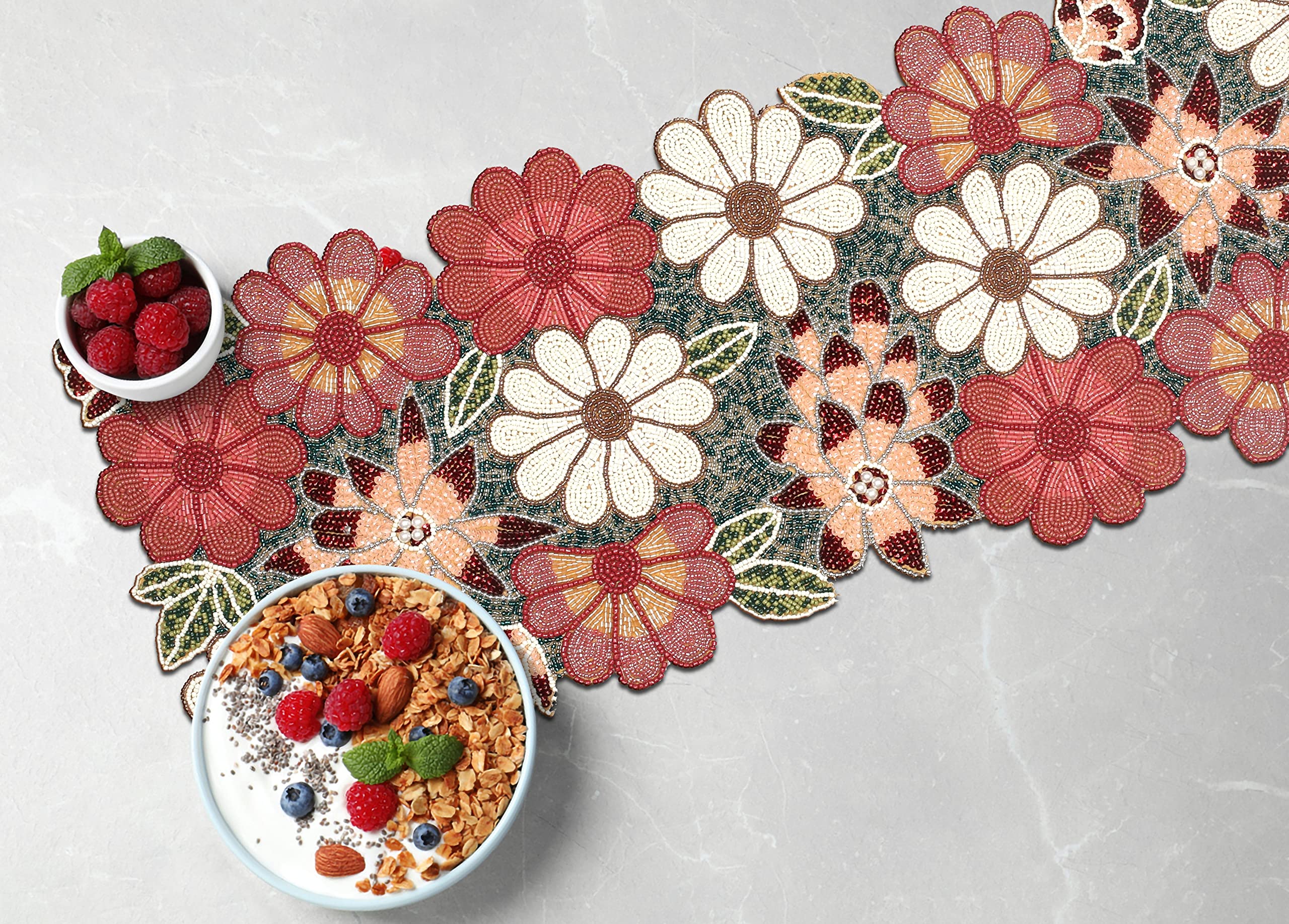 Beaded Table Runner,Beaded Runner, 36 Inch Table Runners produced by skilled village Artisans in India -A Beautiful Complements to Dinner Table Décor -13x36 Inch (33x91 Cms) -Maroon Silver Nude Green