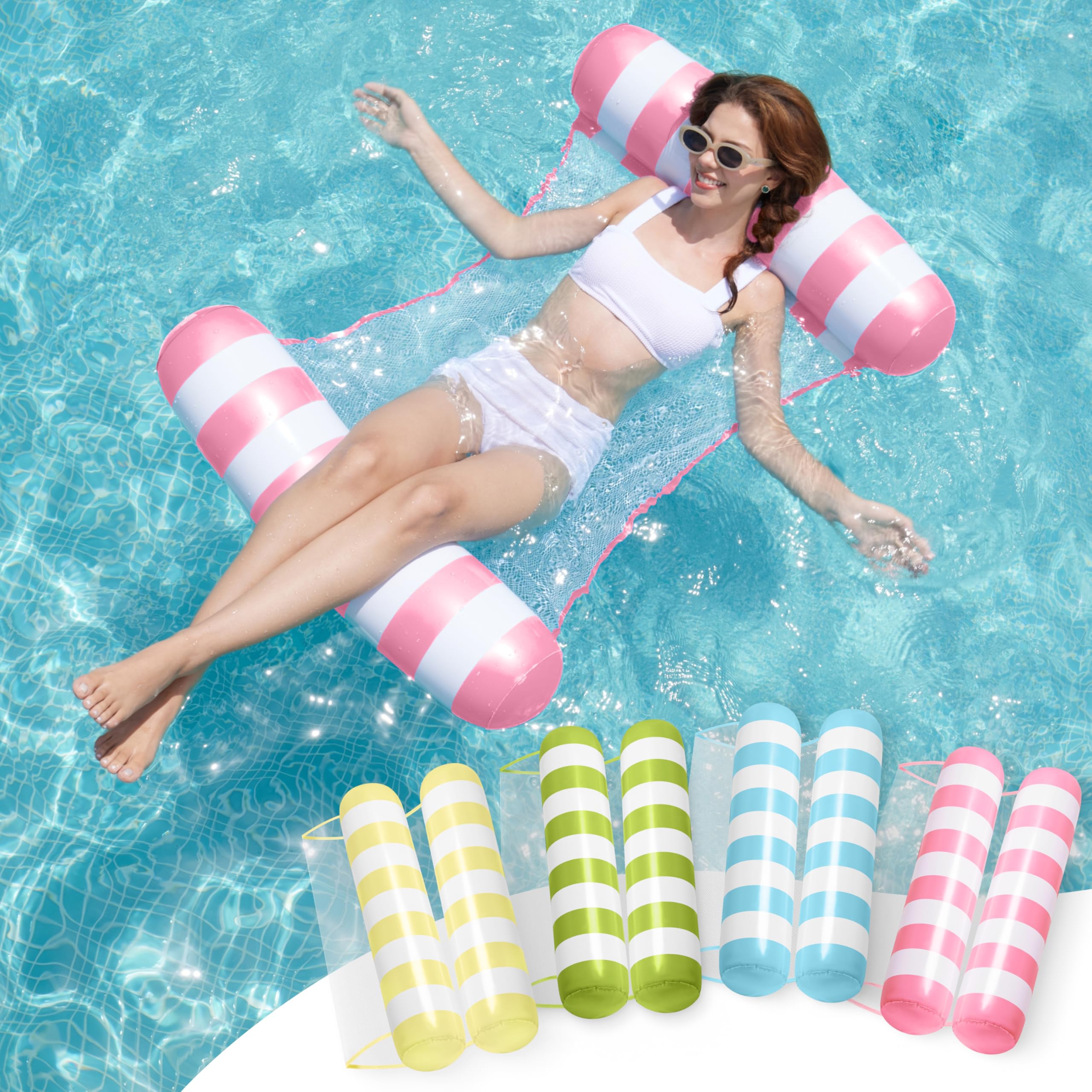 Photo 1 of SLOOSH 4 Packs Strip Type Hammock Pool Floats Adults, 4-in-1 Multi-Purpose Inflatable Pool Floats PVC Water Hammock Lounge Floaties (Aquablue, Pink, Yellow, Retrogreen)