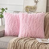 ANRODUO Pack of 2 Baby Pink Throw Pillow Covers Luxury Fluffy Pillows Faux Fur Decorative Pillows Plush Cushion Case Fuzzy Mongolian Merin Style for Bed Couch Sofa Living Room Spring Decor 18x18 Inch