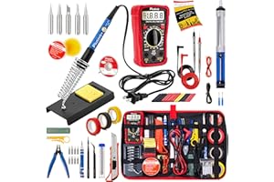 PLUSIVO Soldering Iron Kit, 60W Soldering Iron Adjustable Temperature 30-in-1, 5 Solder Tips, Digital Multimeter, Solder Wire, Paste, Desoldering Pump, Tweezers for Electronics Hobby Enthusiast 110V US Plug
