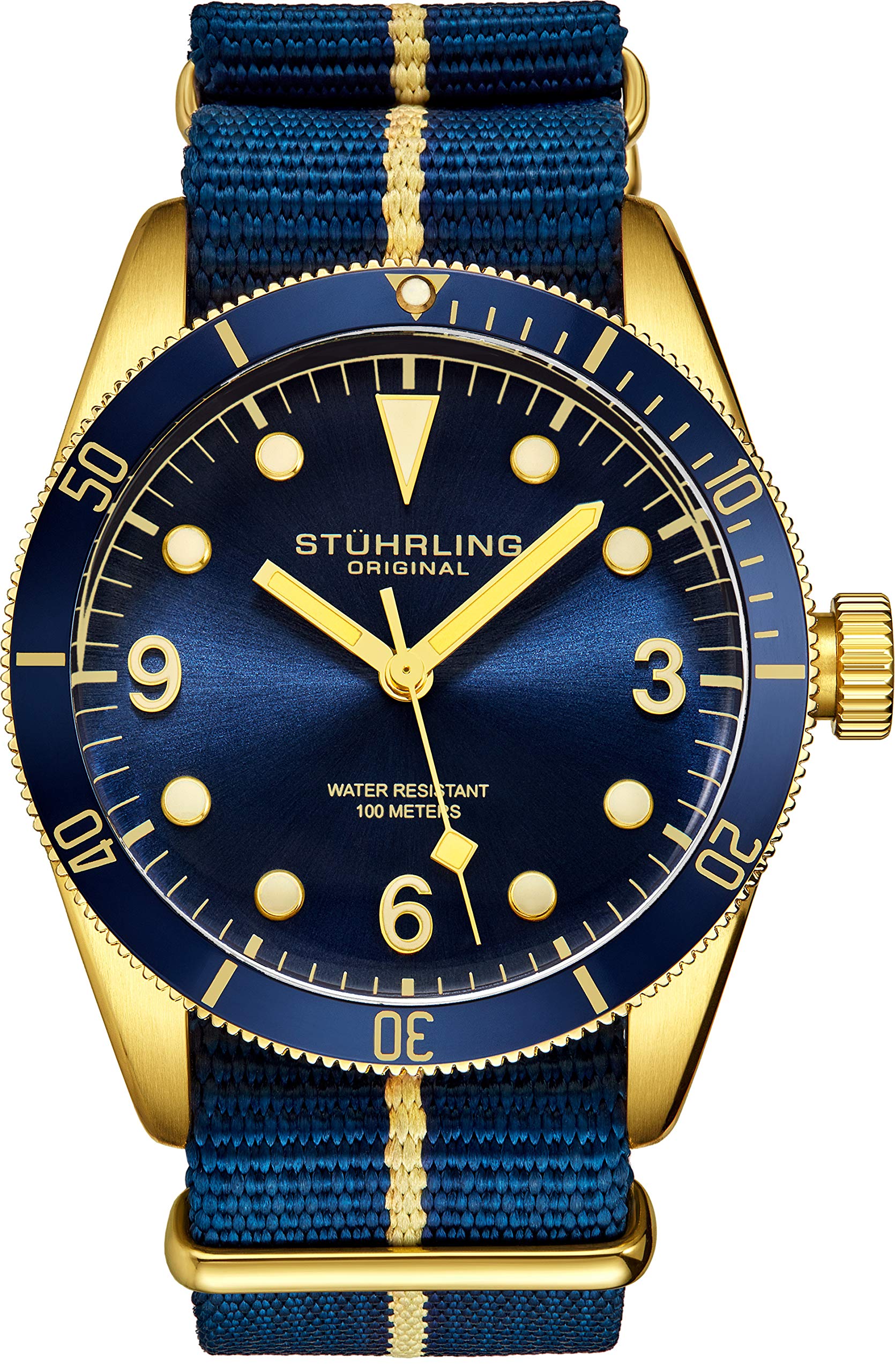 STUHRLING Original Watches for Men - Diver Watch - Mens Sport Watches Water Resistant Black Wrist Watch up to 100M - Nylon Analog Watch Japanese Quartz Watch Movement -Mens Watches Collection